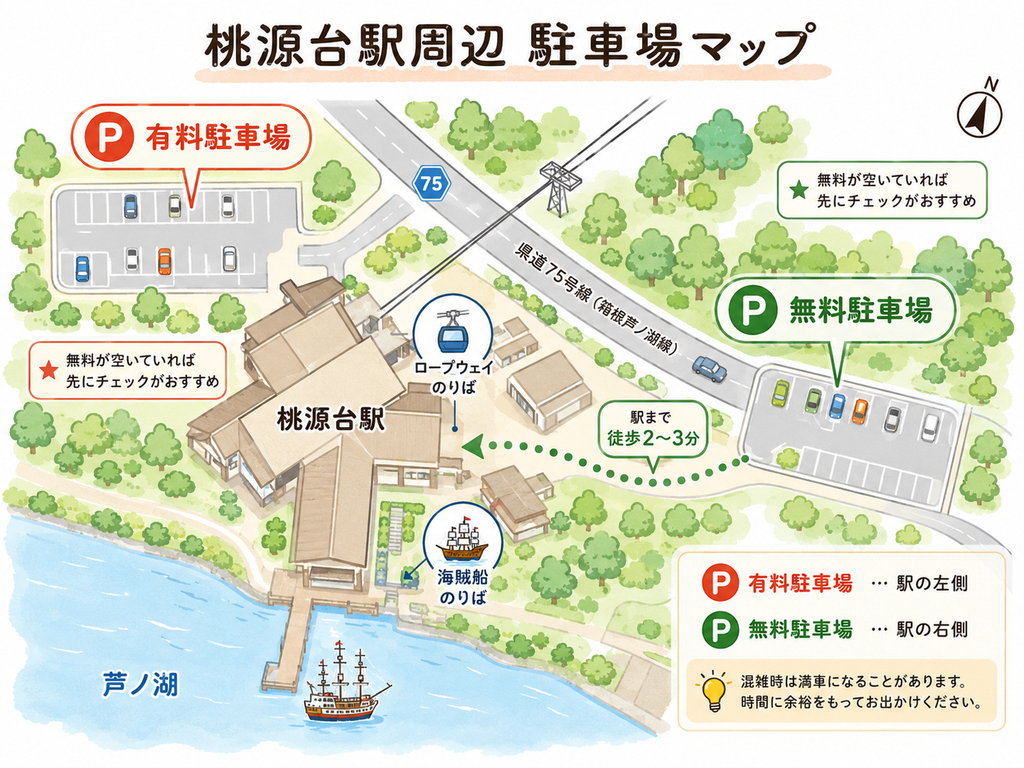 桃源台駅周辺の無料駐車場と有料駐車場の位置